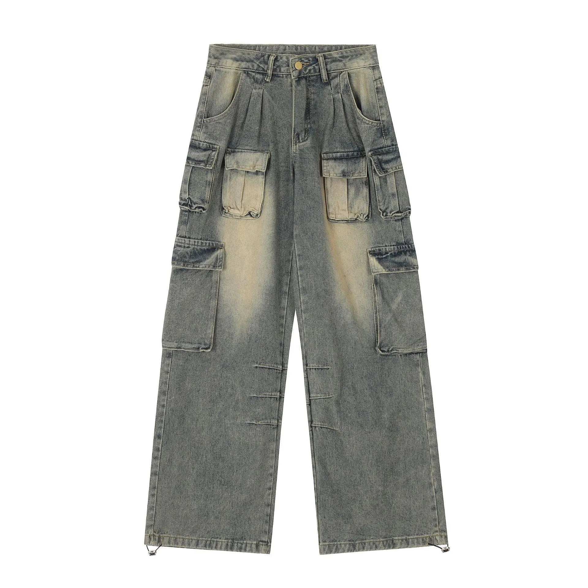 Light blue loose fit multi-pocket distressed jeans with straight leg cut and tooling style design