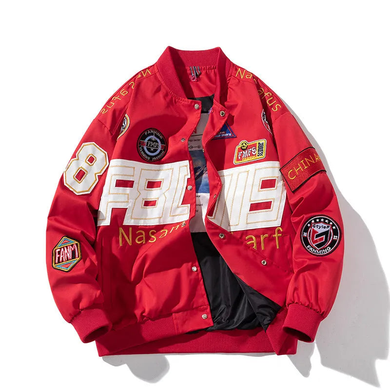 American style motorcycle baseball uniform jacket in black with removable hood and side pockets