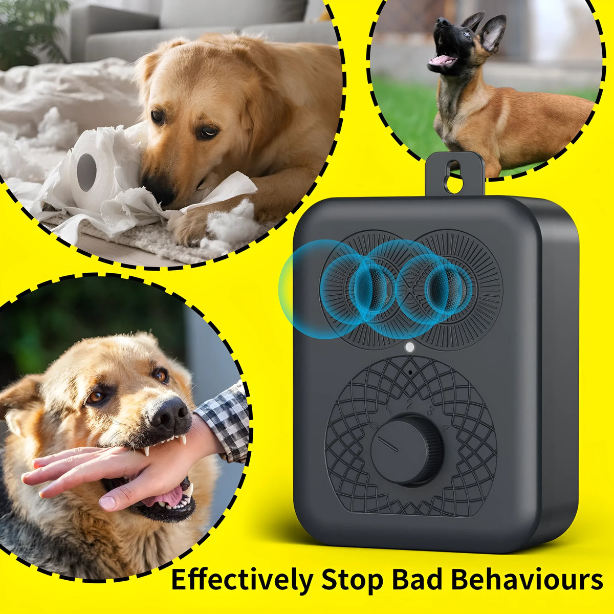 Black plastic rechargeable anti-barking dog trainer with data cable and hanging nail for dog training