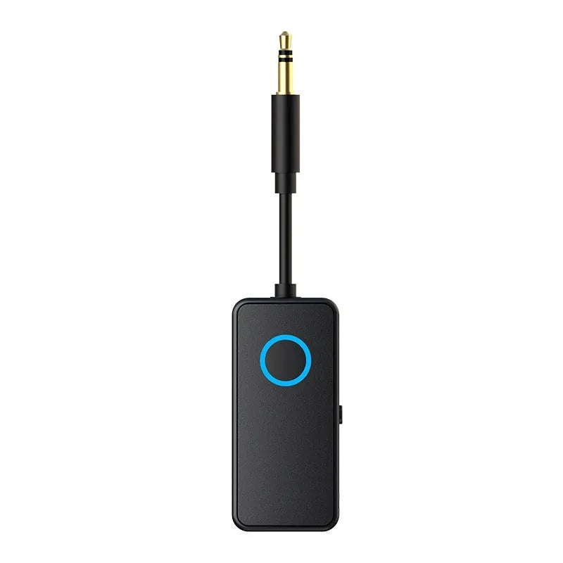 Black Bluetooth 5.4 audio adapter with flexible 3.5mm aux plug shown next to a mobile phone.