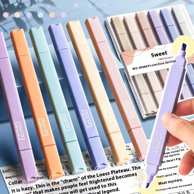 Set of double-headed fluorescent marking pens with refillable cartridges, showing chisel and bullet tips, in a mix of bright colours.
