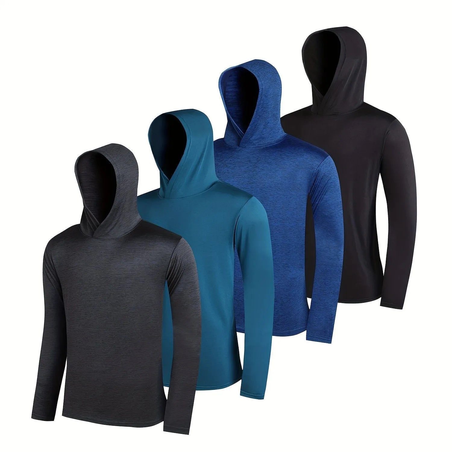 Four men's lightweight polyester hoodies bundled together, shown in assorted colours with hooded and non-hooded style options.