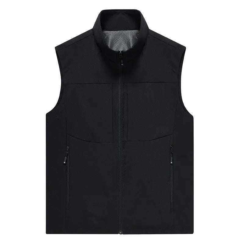 Men's khaki stand collar vest cardigan with zip pockets for outdoor leisure wear