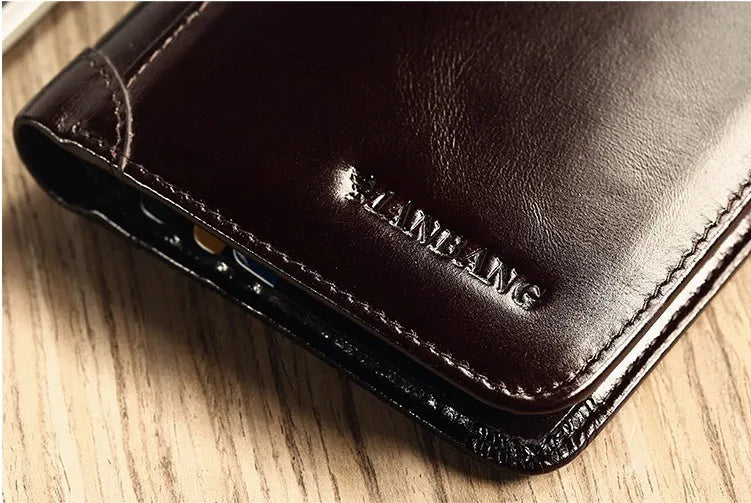 Men's leather wallet showing internal card slots, banknote folder, coin pocket, and document positions