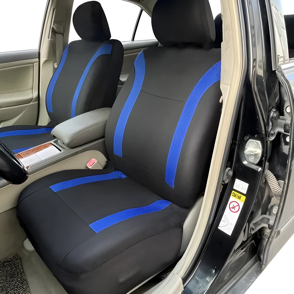 Blue polyester car seat cover with eyelet stitching on a car seat, showing front and headrest pieces.