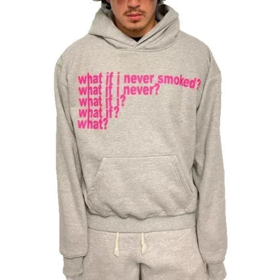 Black hooded sweater with white letter print design, showing pullover style with regular sleeves