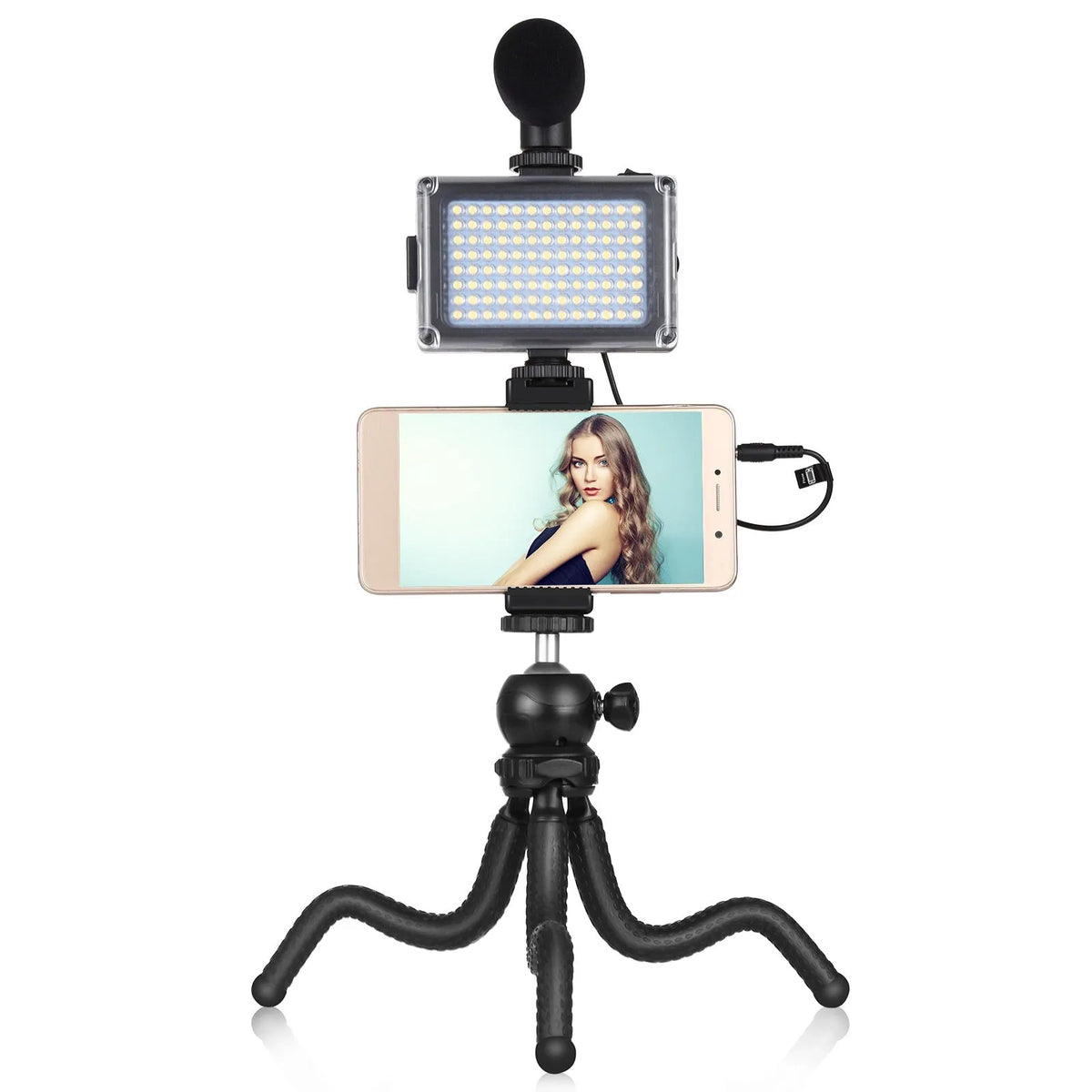 Black Octopus Yripod live broadcast kit with flexible legs, fill light, and microphone attached to a smartphone.