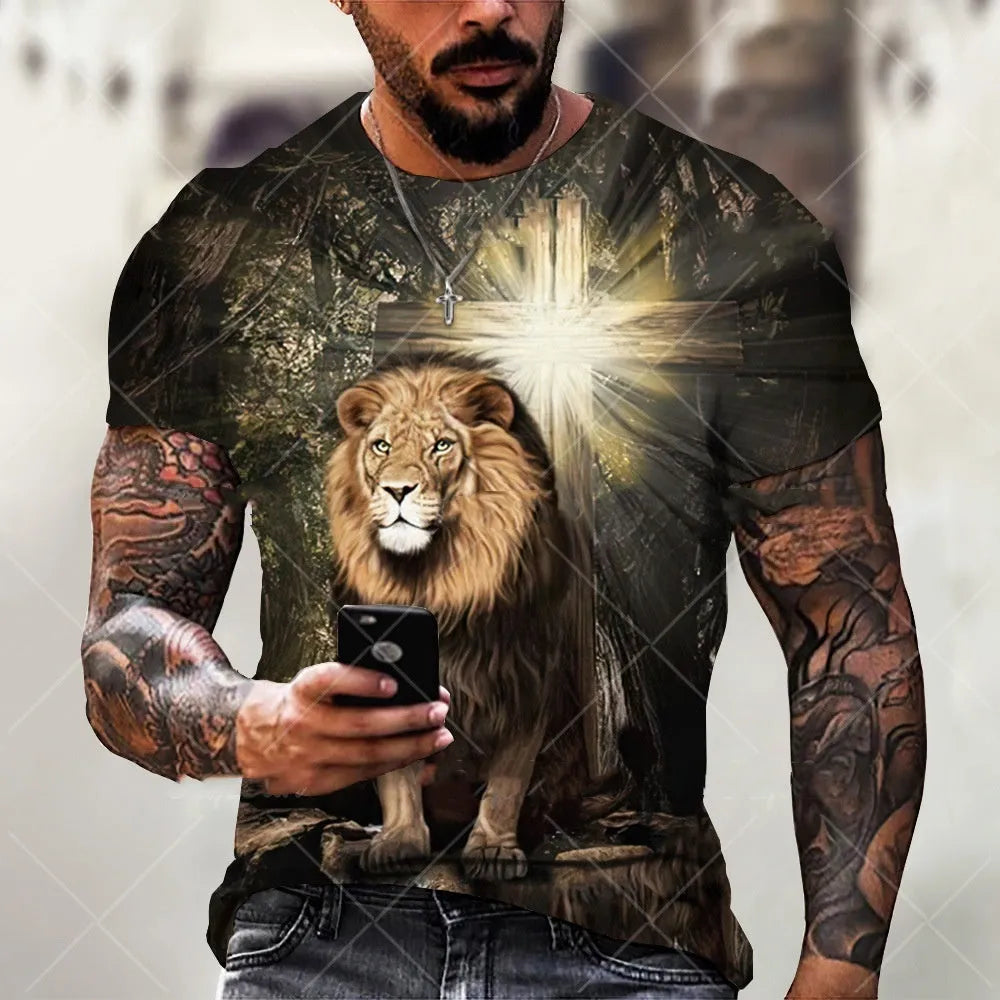 Close-up of a men's grey T-shirt with a detailed 3D printed portrait of Jesus Christ on the front.