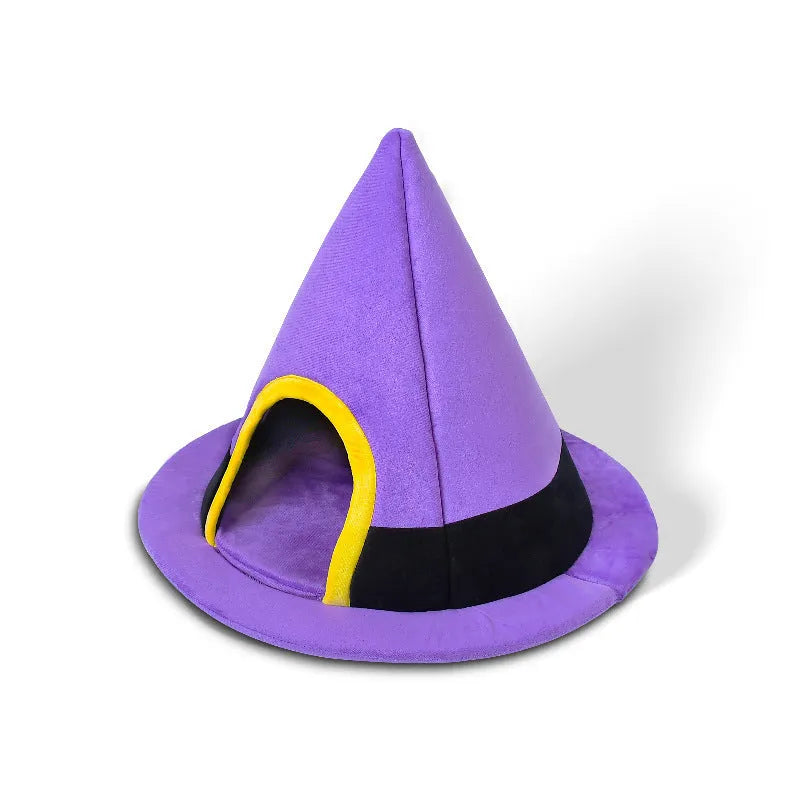 Purple witch hat shaped cat nest bed measuring 60x46cm for Halloween pet bedding