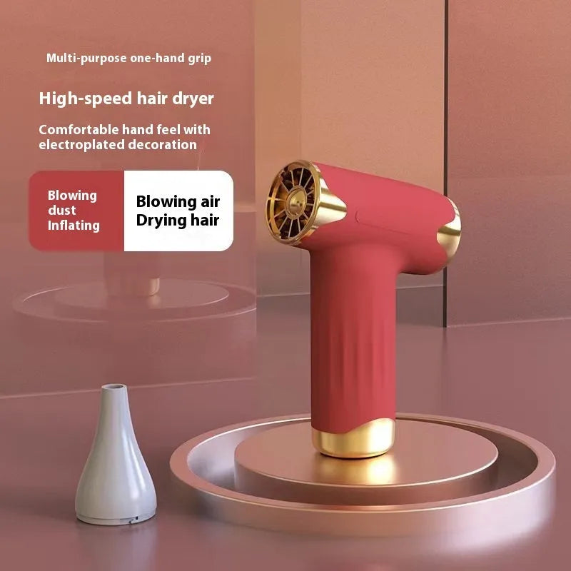 Blue handheld portable fan with brushless turbofan, shown with red and silver colour options.