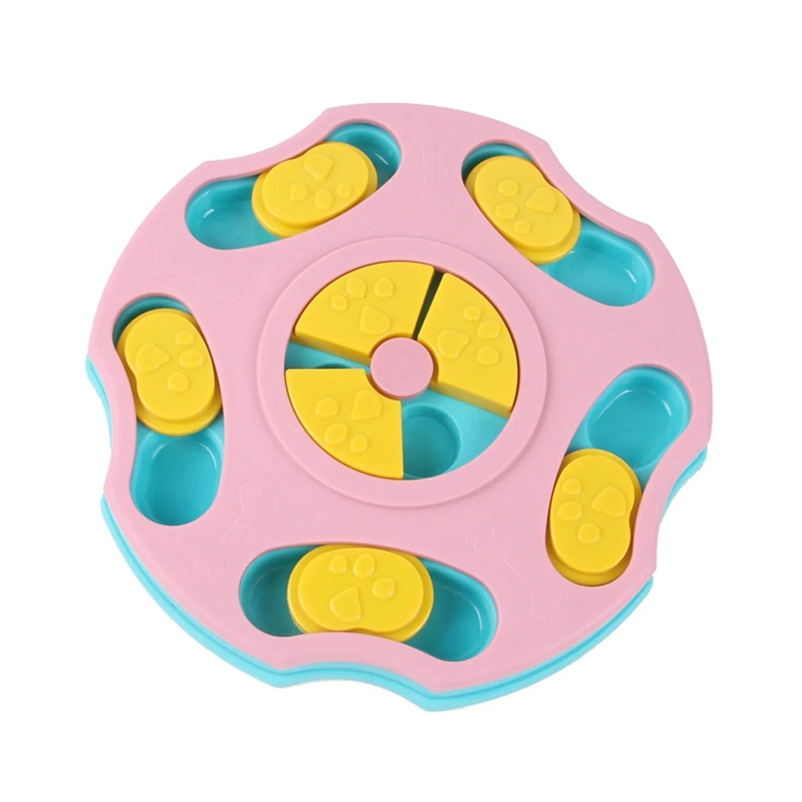 Blue and pink interactive dog puzzle feeder toy for slow eating and mental games
