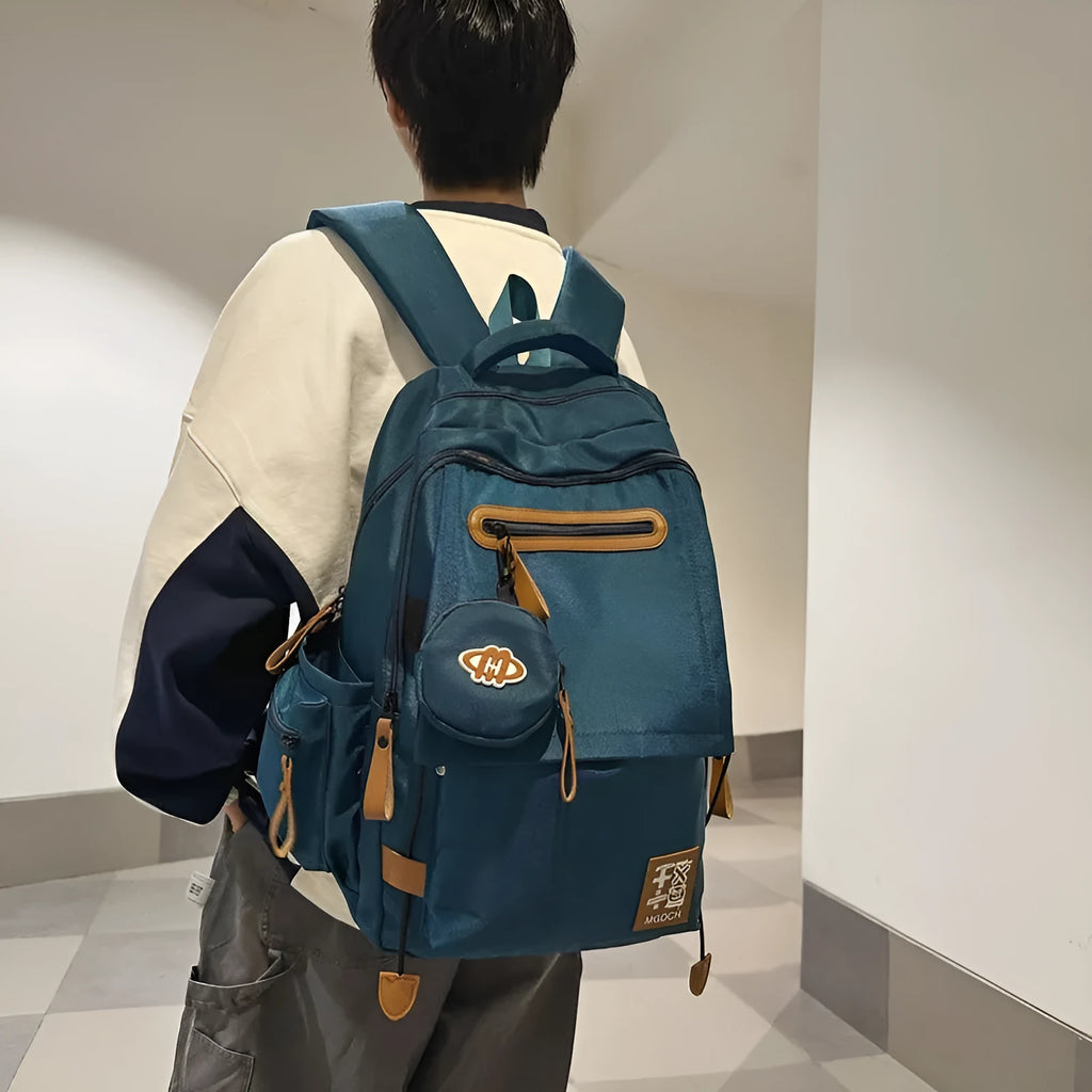 Large-capacity nylon backpack for middle school students with curved shoulder straps in multiple colour options
