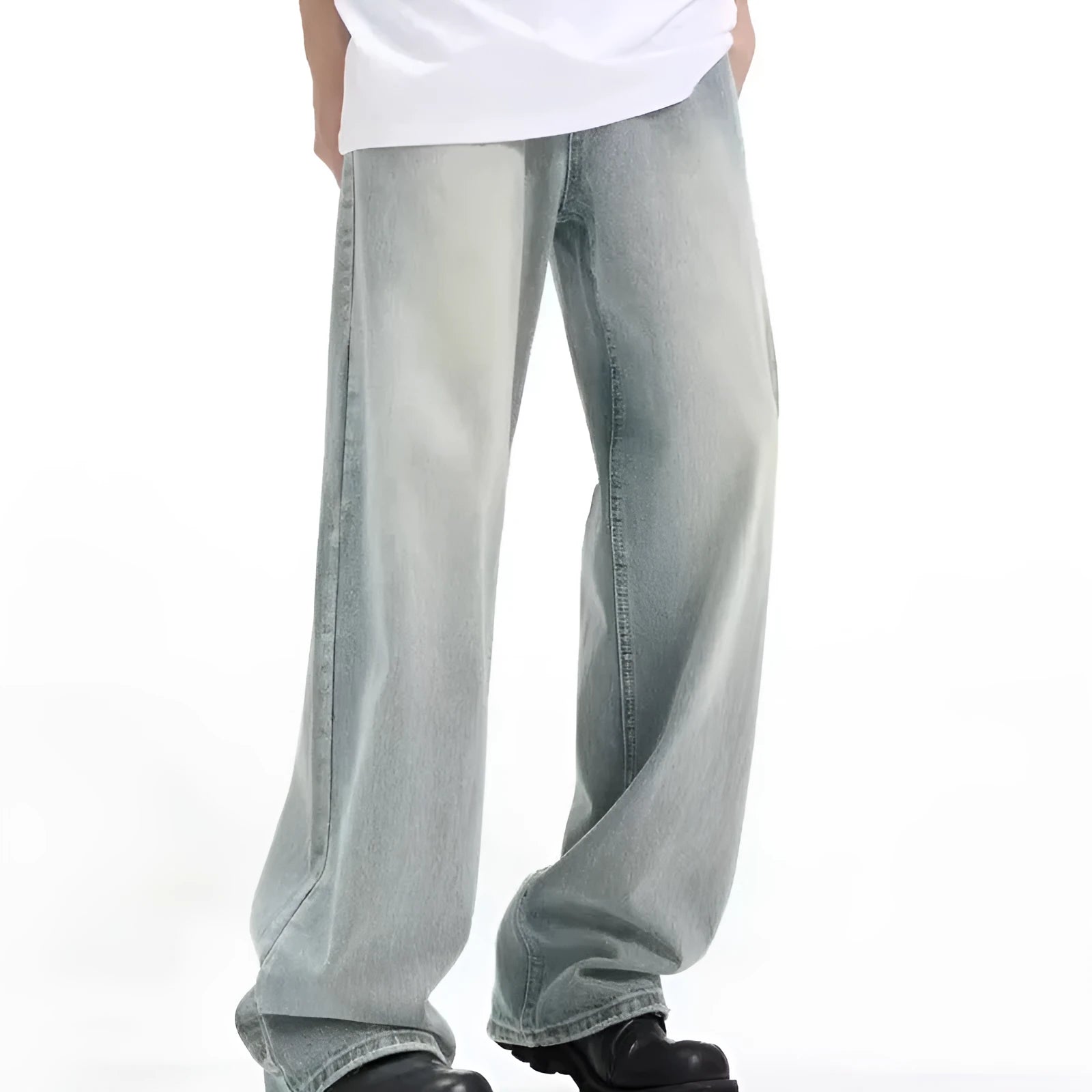 Blue retro casual trousers with loose fit and high elasticity rabbit fur fabric