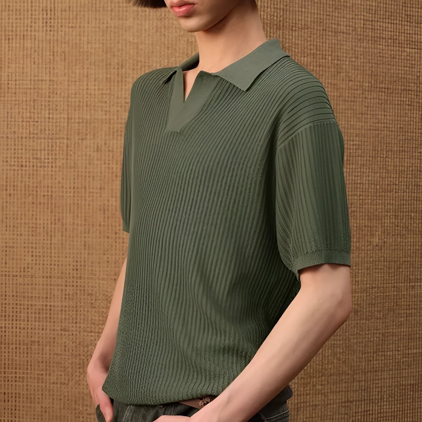 Men's summer polo shirt with striped collar in thin fabric available in creamy white, black and grey colours