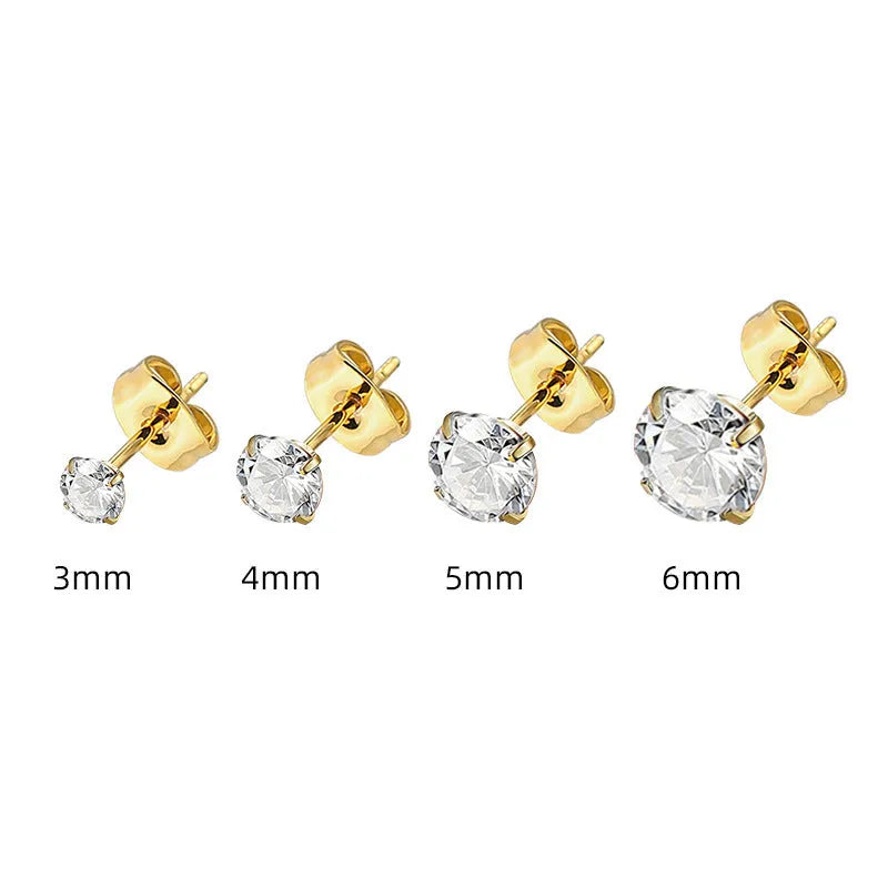 Titanium steel geometric square stud earrings with zircon detail in gold and steel colour options
