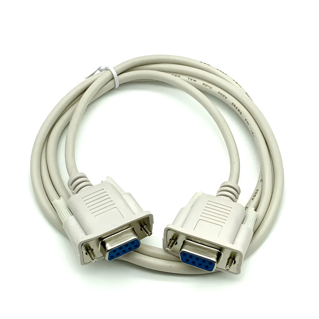 Milky white DB9 female-to-female serial cable measuring 1.5 metres in length