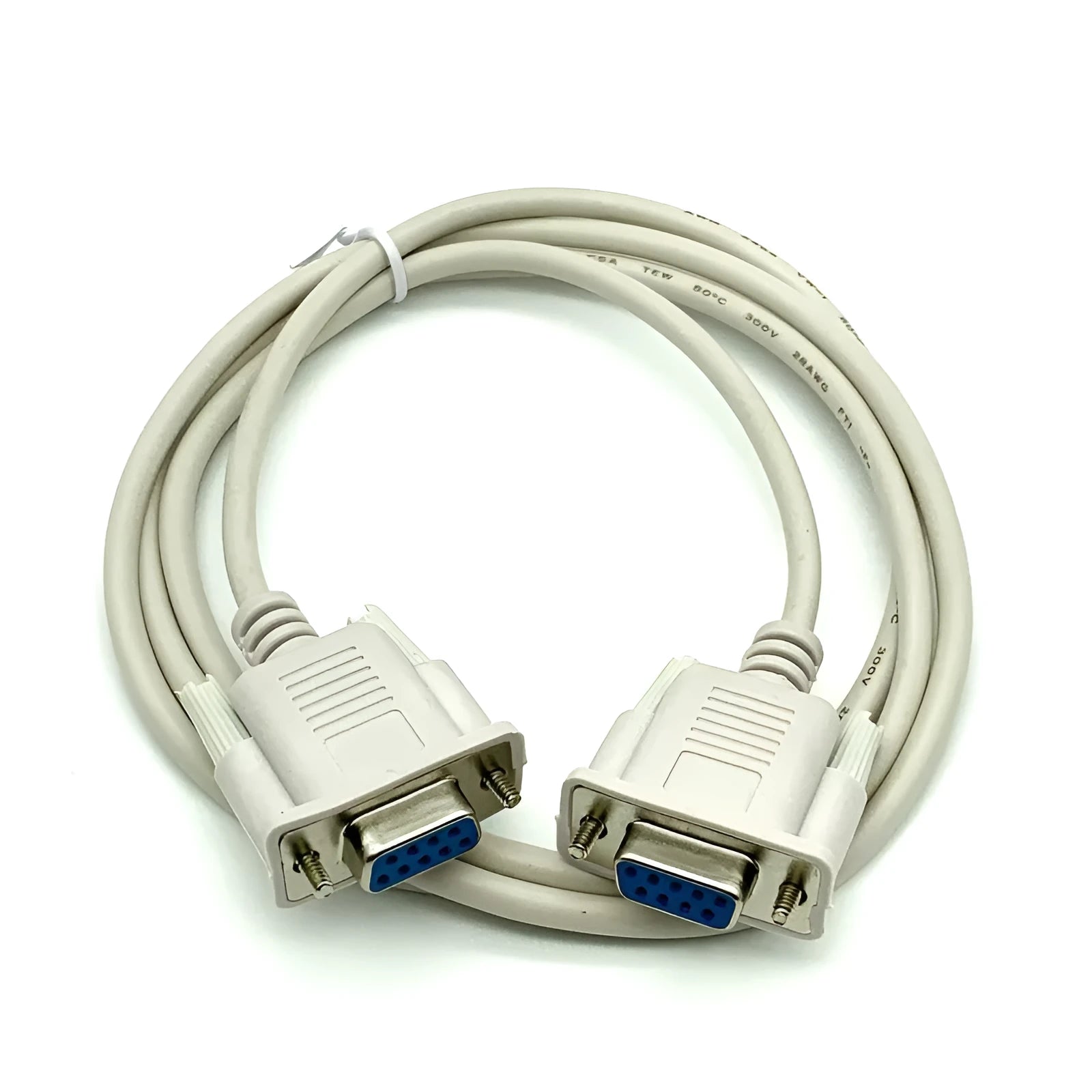 Milky white DB9 female-to-female serial cable measuring 1.5 metres in length