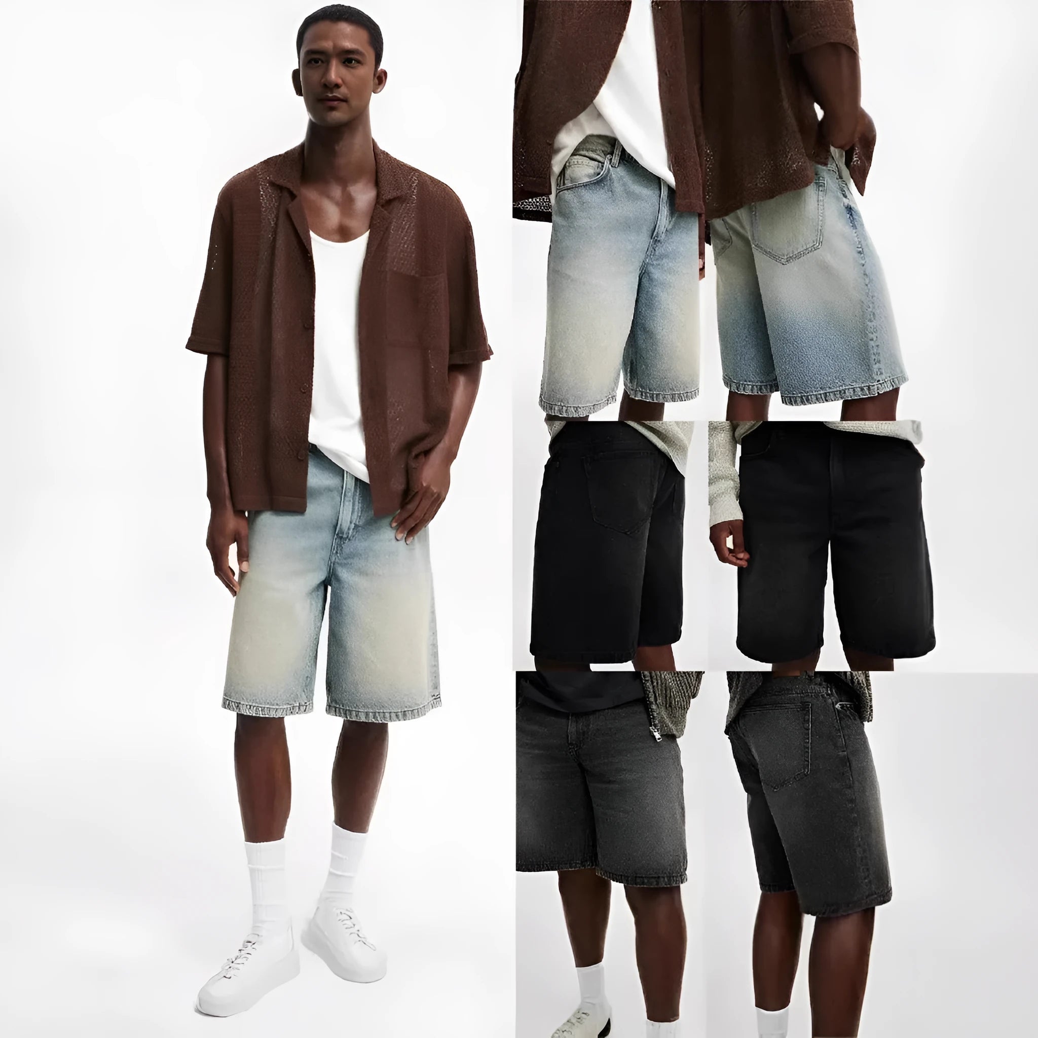 Men's loose straight-leg jeans in light blue cotton denim for summer street style casual wear