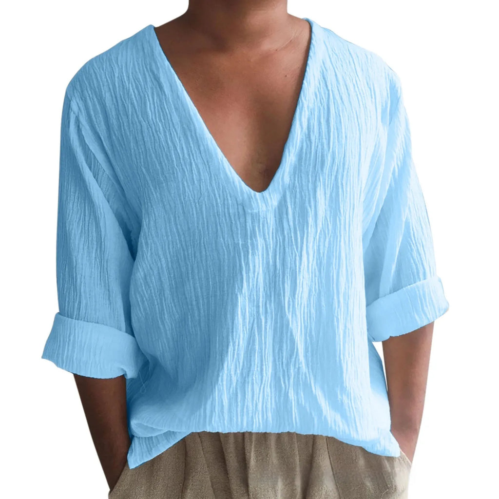 Men's washed cotton V-neck long sleeve t-shirt in solid colour with British style collage stitching