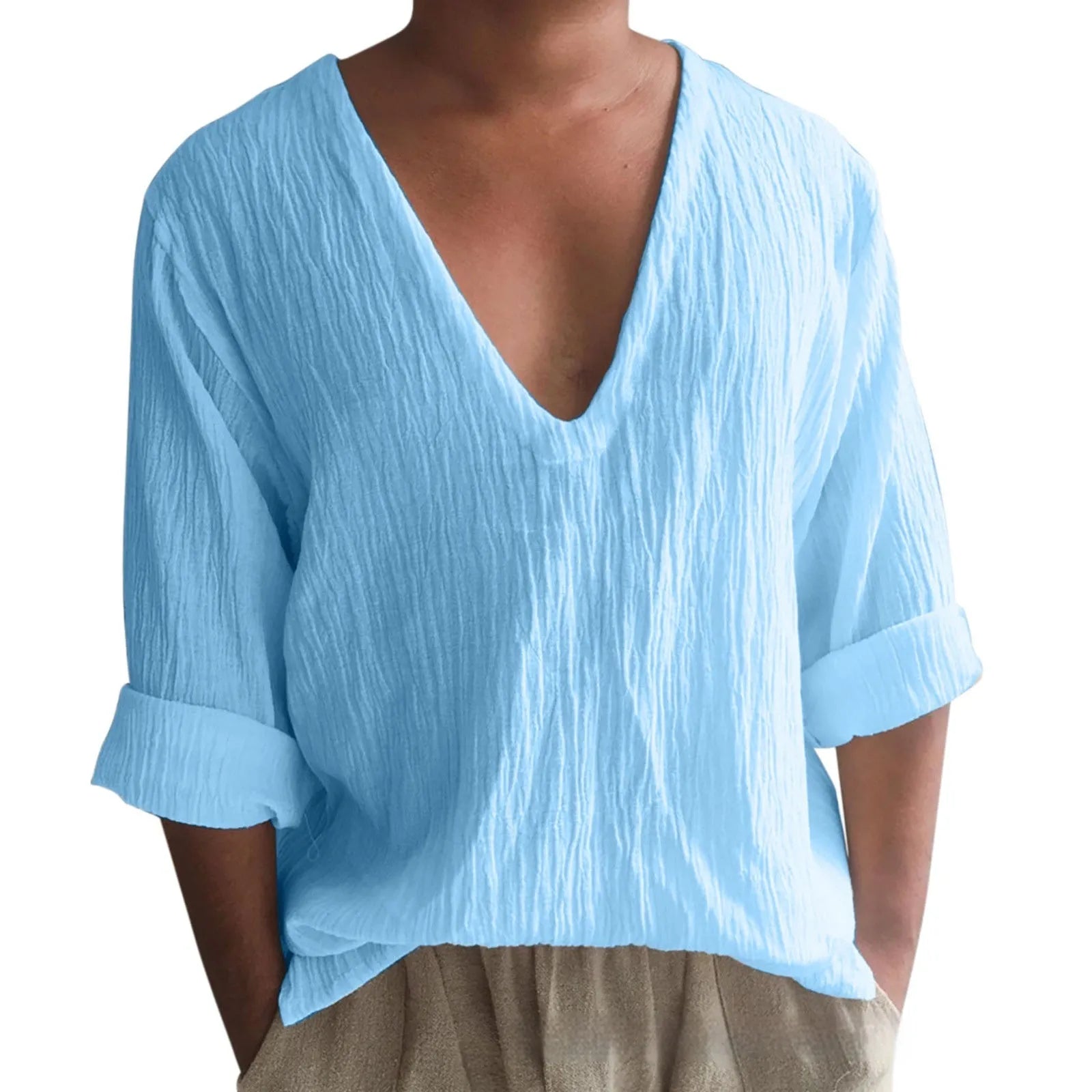 Men's washed cotton V-neck long sleeve t-shirt in solid colour with British style collage stitching