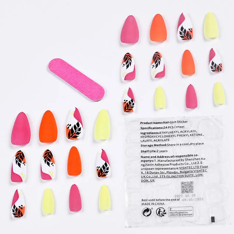 Four boxes of medium almond shaped frosted nail stickers with colourful tulip patterns including French leaves and leopard print designs