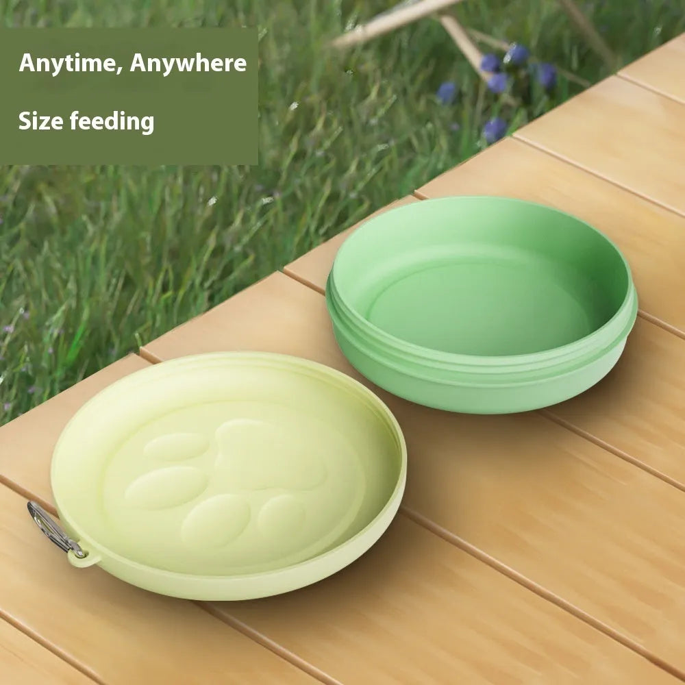 Collapsible silicone dog bowl shown in pink and green colour options, compressed and expanded.