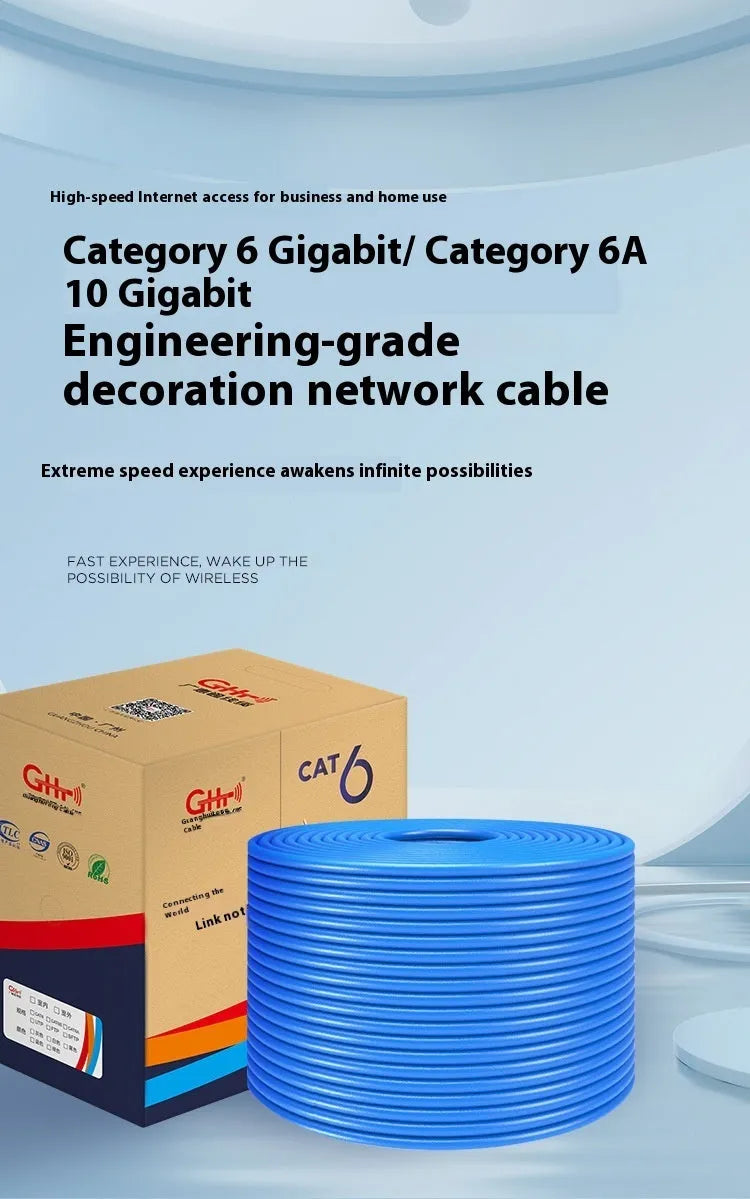 A blue 305 metre reel of Cat 6/6A gigabit Ethernet cable with oxygen-free copper core.