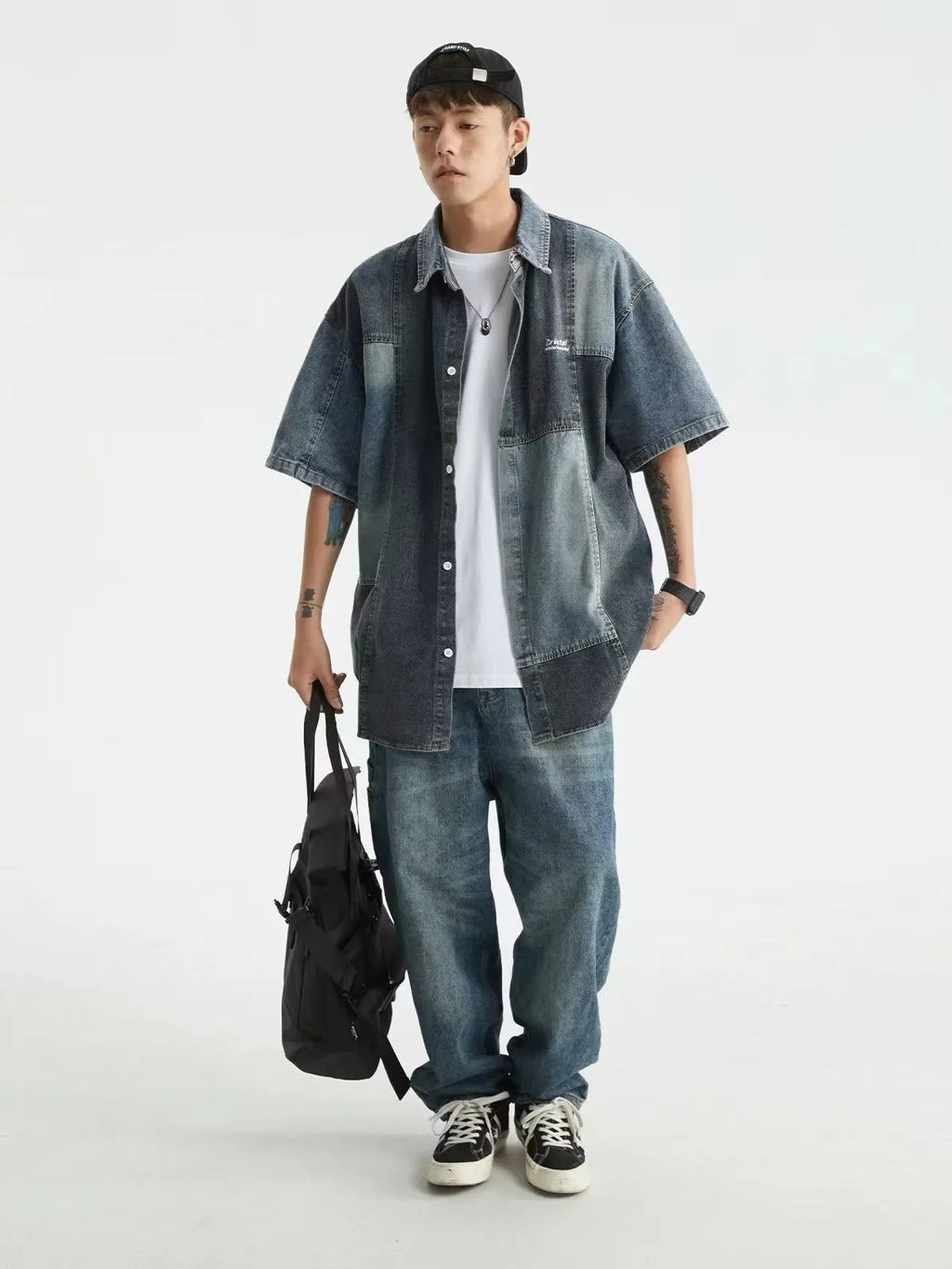 Blue Japanese-style retro denim shirt with washed stitching details, loose cardigan fit