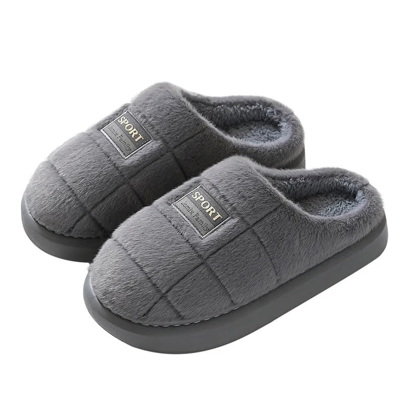 Men's grey and brown plaid rabbit hair winter slippers with wool lining