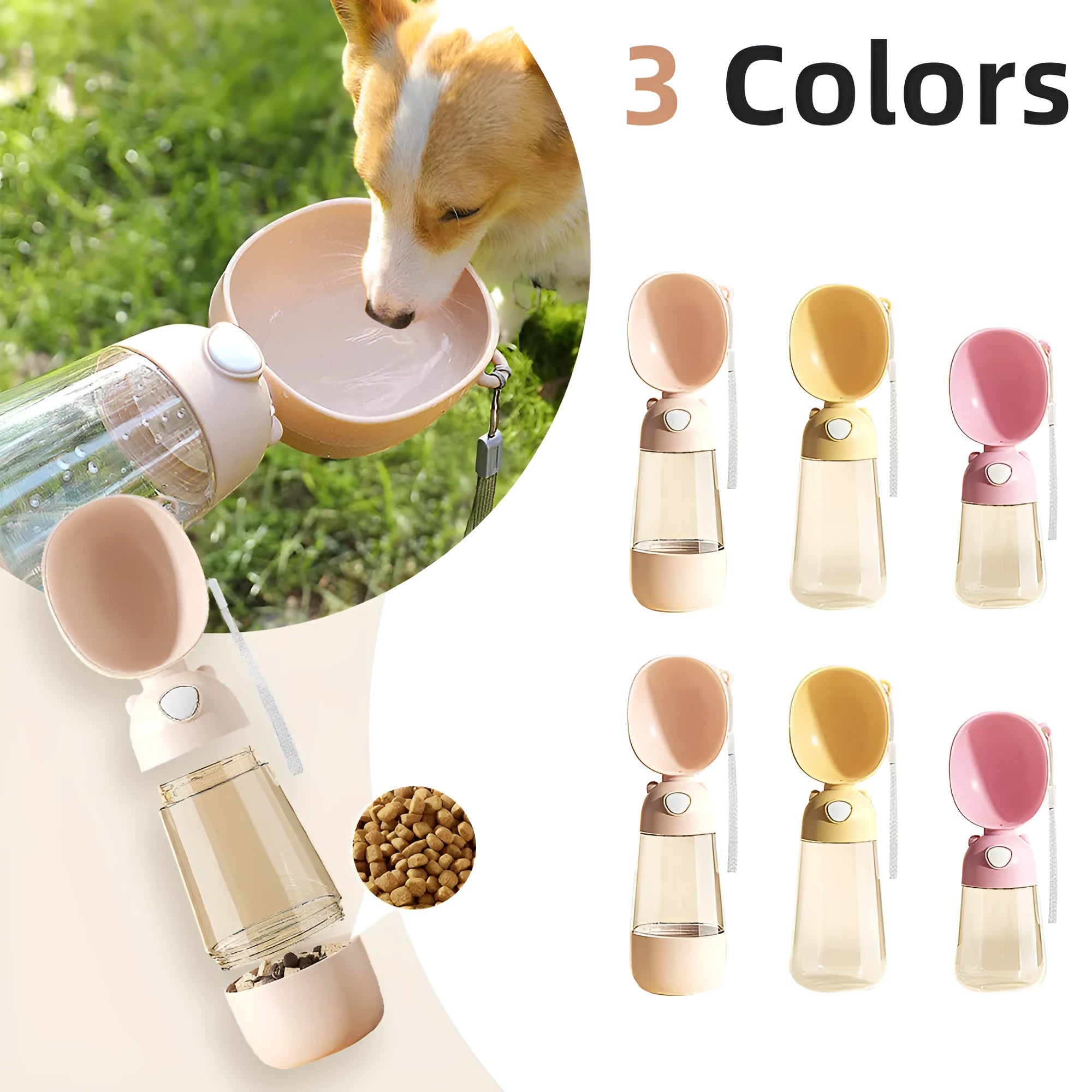 Portable dog water bottle and feeder in brown colour with attached food container.
