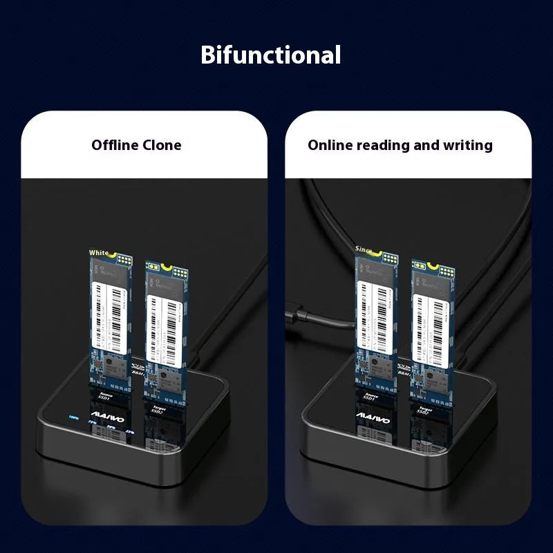 MAIWO K3016 M.2 SSD docking station for hard drive cloning with cables and power adapter.