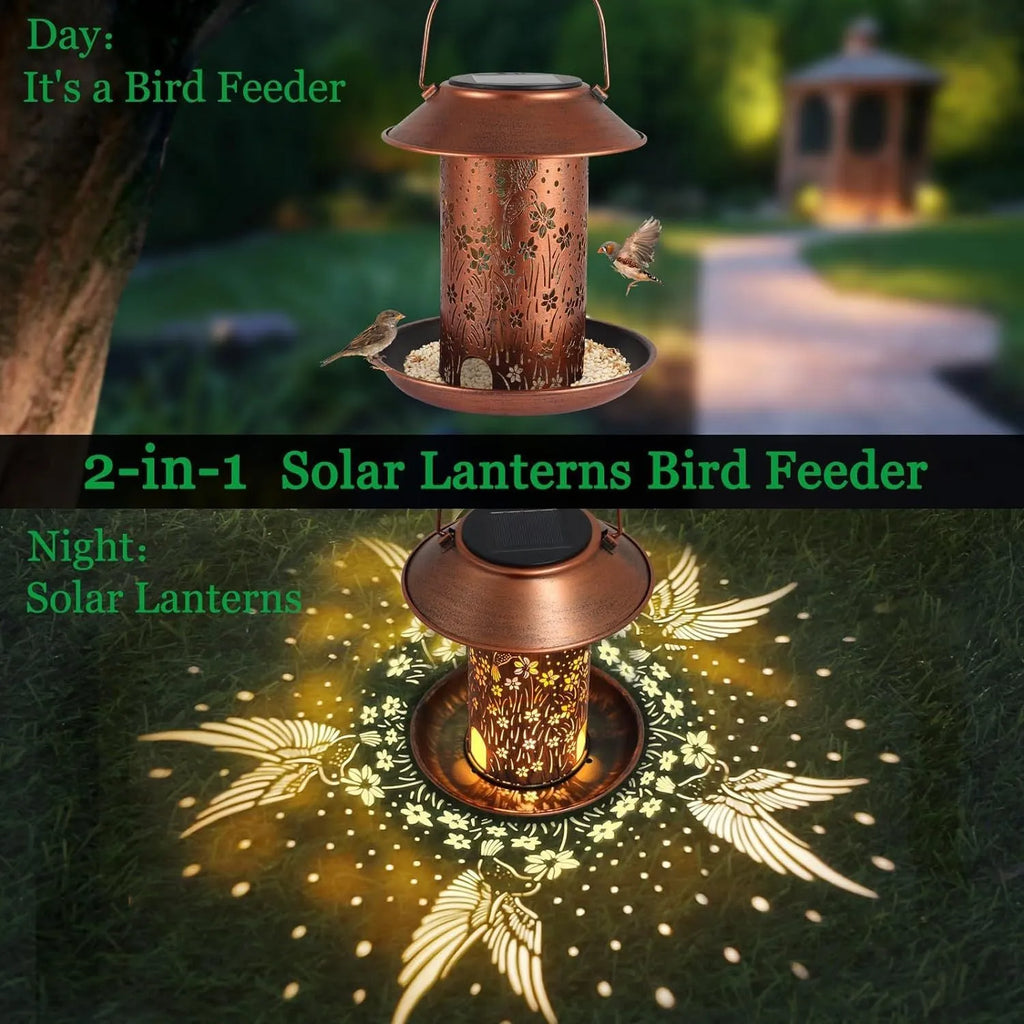 Solar-powered iron bird feeder with hummingbird pattern and integrated garden light
