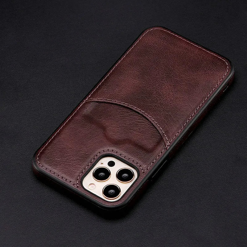 Dark blue PU leather protective case for iPhone showing front and back views
