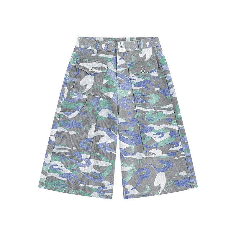 Camouflage cropped denim work trousers with cargo pockets and straight cut