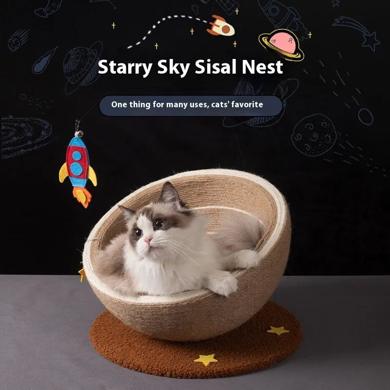 Large integrated cat scratching board and flannel-lined cat nest in starry sisal colour on wooden base.