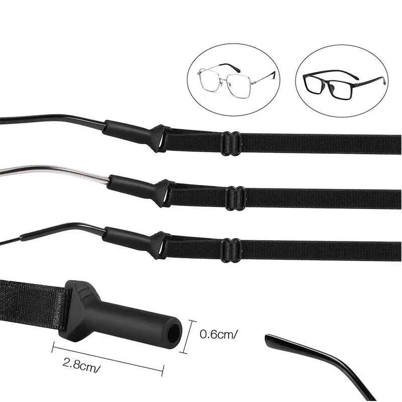 Black adjustable glasses cord with silicone earpiece ends for securing eyewear