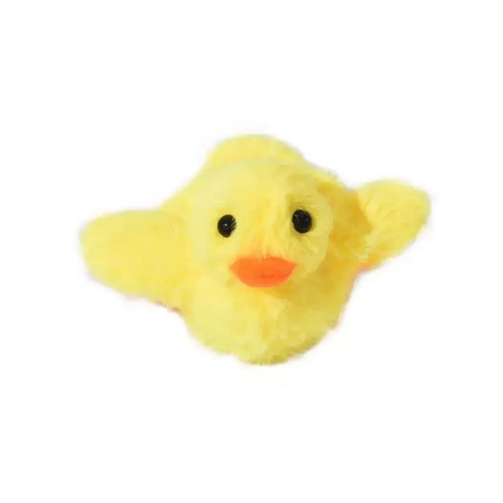 Yellow flapping duck plush cat toy with vibration sensor on a grey background.