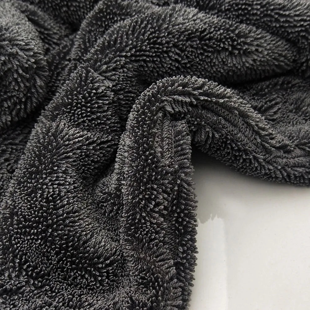 Grey 40cm by 40cm microfibre car wash drying towel laid flat.