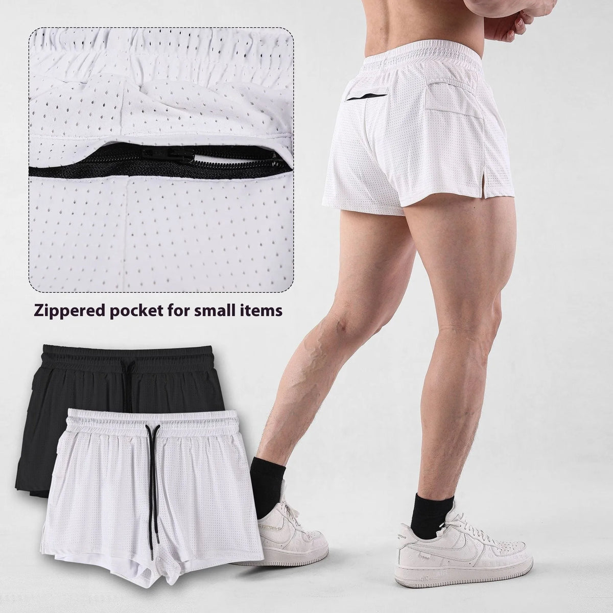 Men's quick-drying nylon summer shorts in black and white colours with mid-waist design