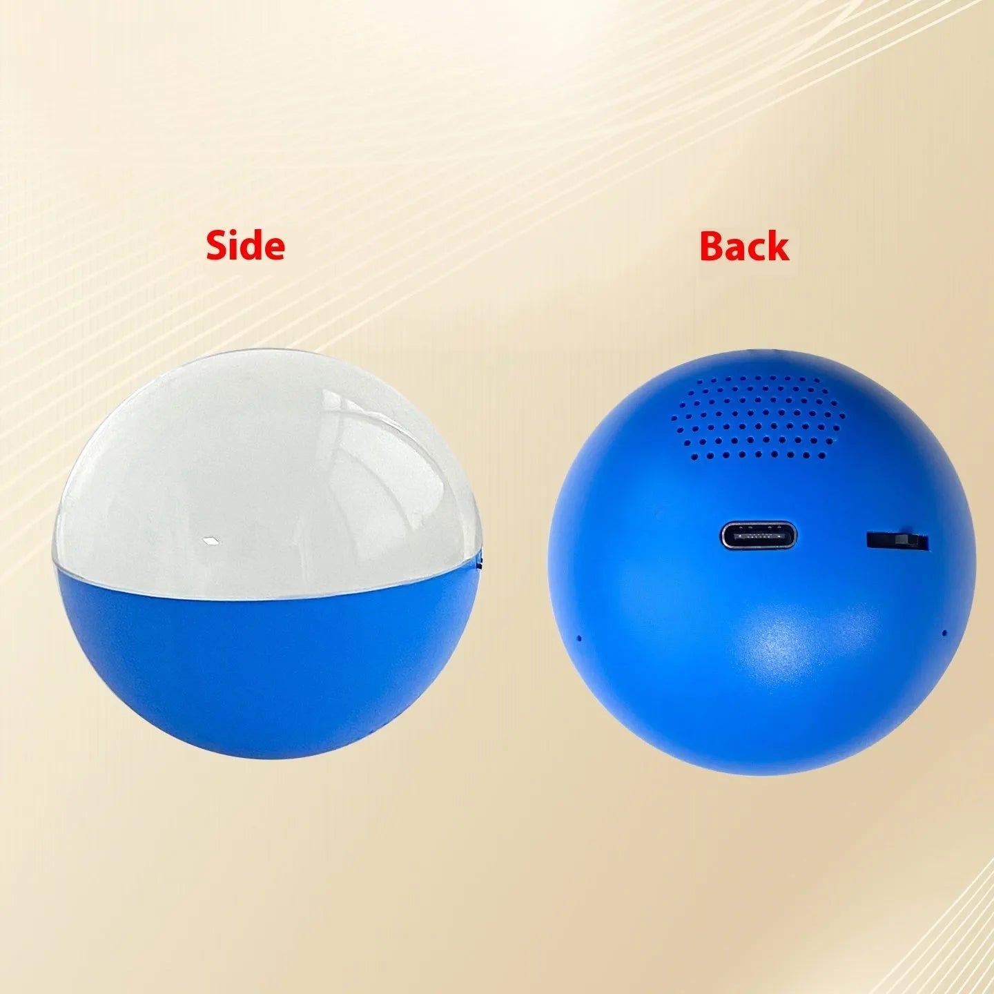 Electronic ball video player with round screen showing video playback, plastic casing in choice of colours