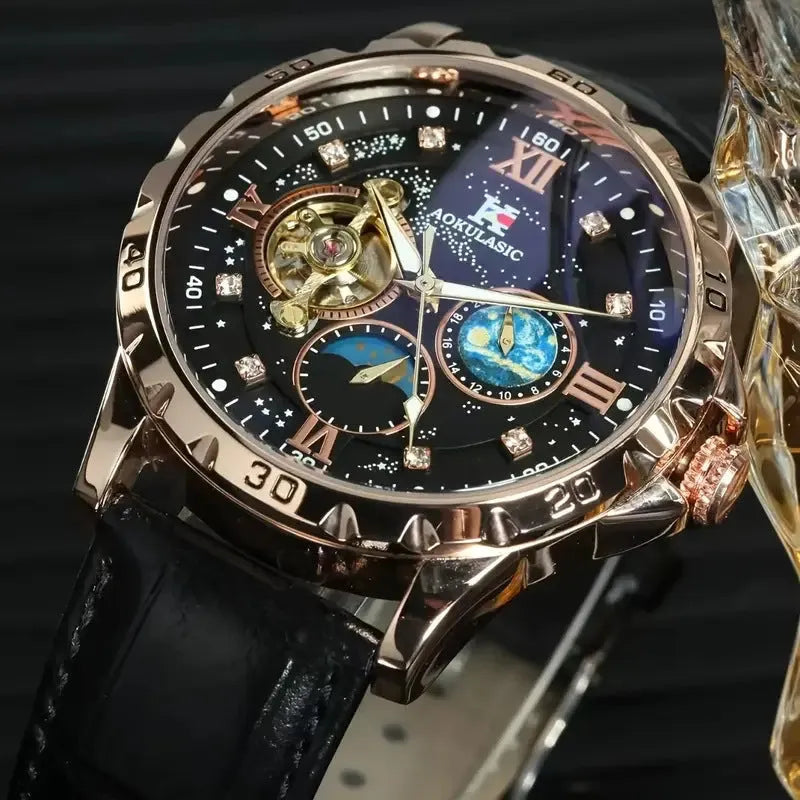 Black and rose gold automatic mechanical watch with hollow dial showing movement