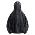 Black cotton padded cardigan coat with zip-up hood and loose retro styling