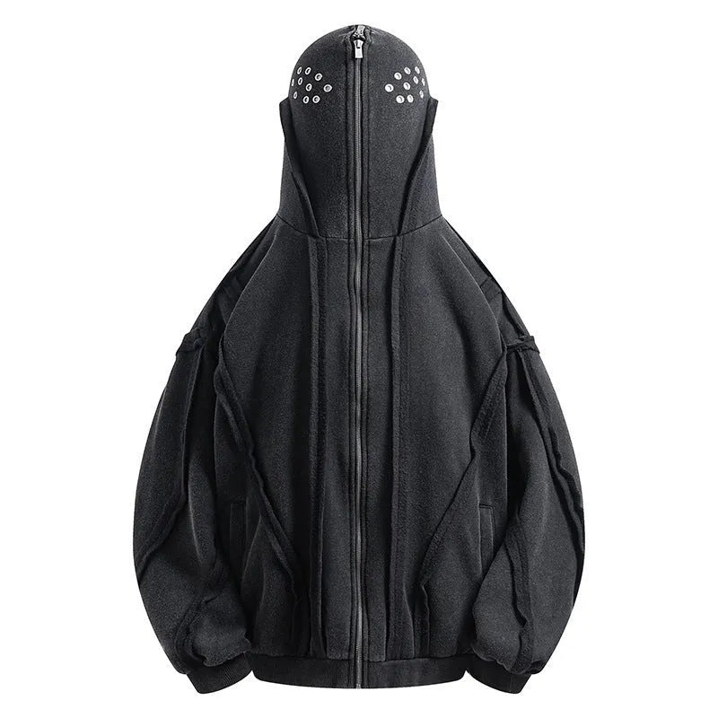 Black cotton padded cardigan coat with zip-up hood and loose retro styling