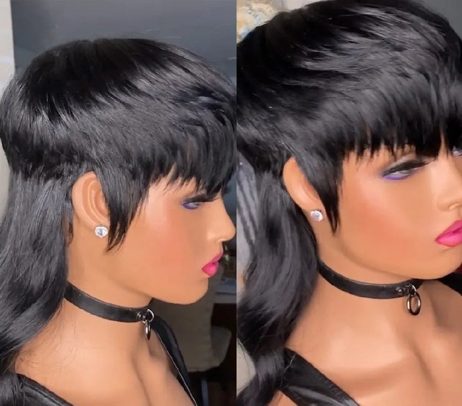 Black Brazilian synthetic wig with bangs and front short back long hairstyle