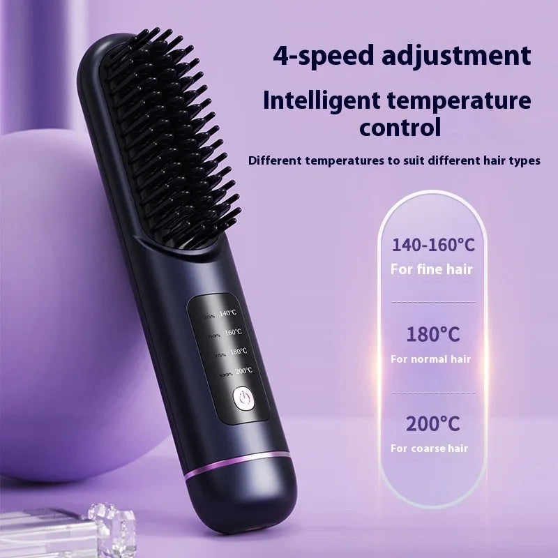 A portable negative ion straightening comb in blue, grey, or white, showing its teeth and compact 20cm design.