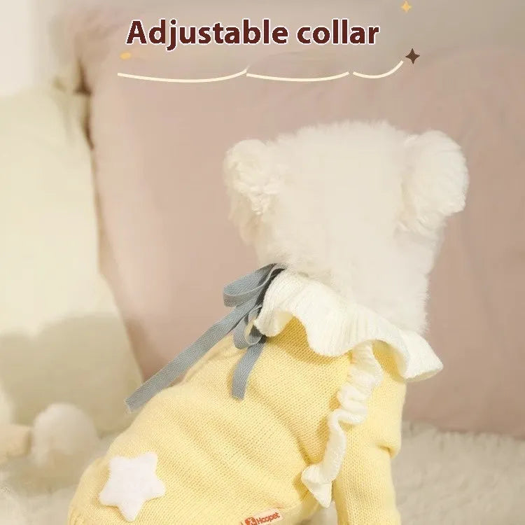 Yellow acrylic knit dog sweater jumper on a small dog, showing casual pullover style.