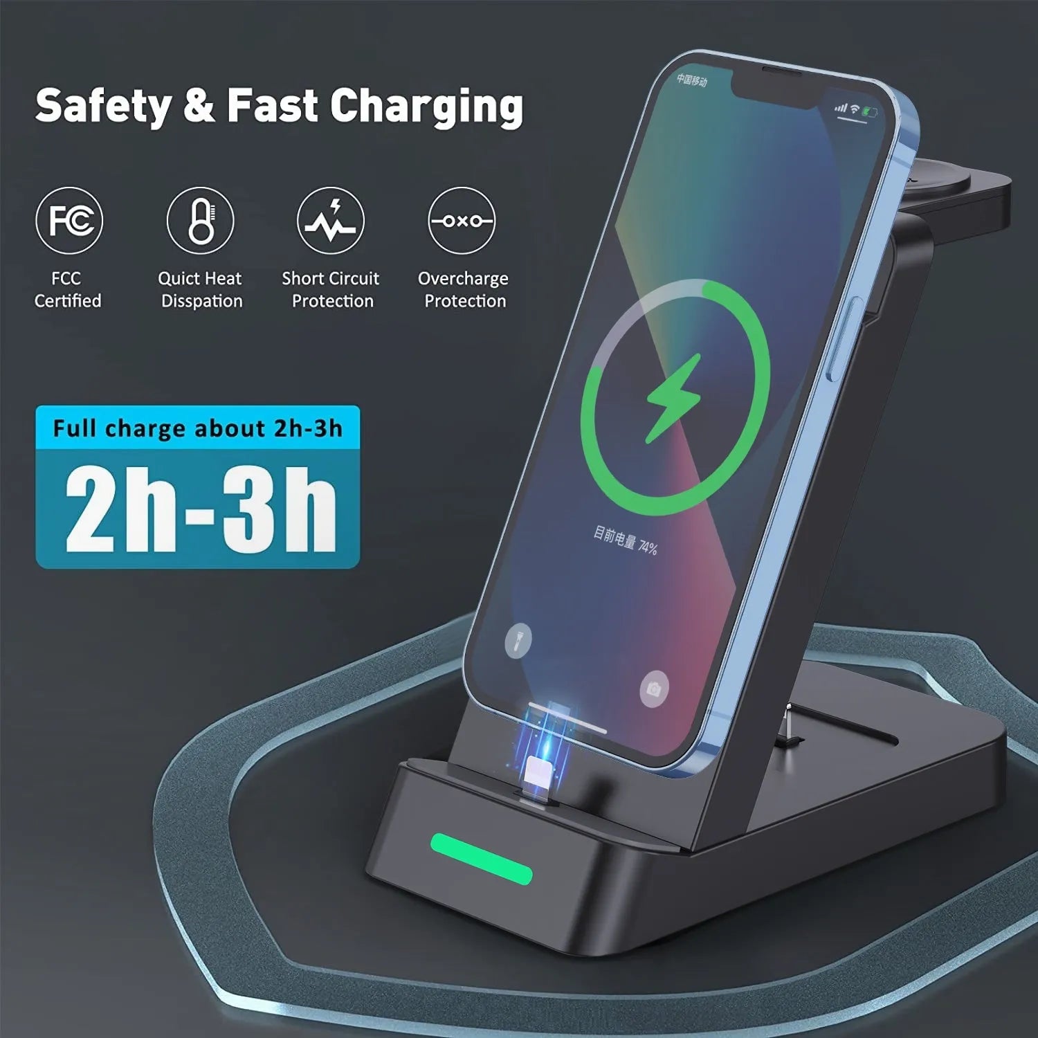 Black 3-in-1 wireless charging station showing phone on stand, AirPods case, and Apple Watch on their charging spots.