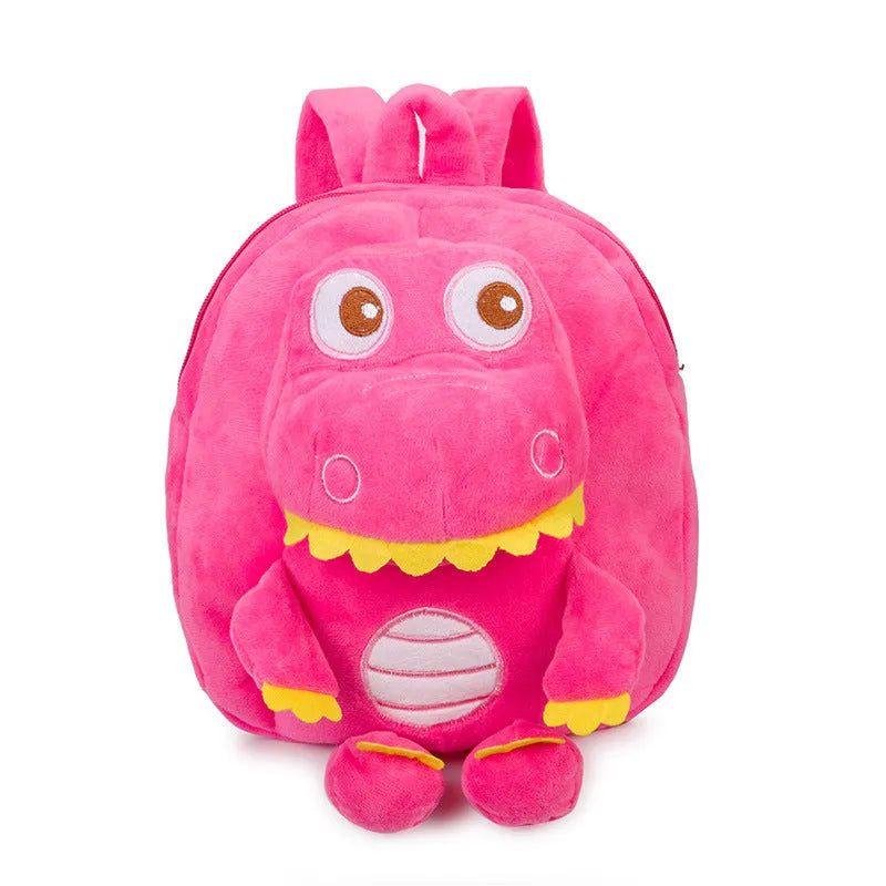 Dinosaur plush backpack with soft handle and embroidery details in children's backpack style