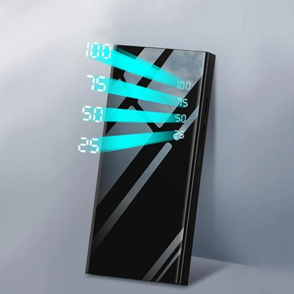 Black 20000mAh power bank with LCD display screen and dual USB ports.
