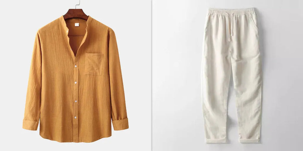 Men's slim-fit brown cotton blend long sleeve shirt and matching casual trousers laid flat.